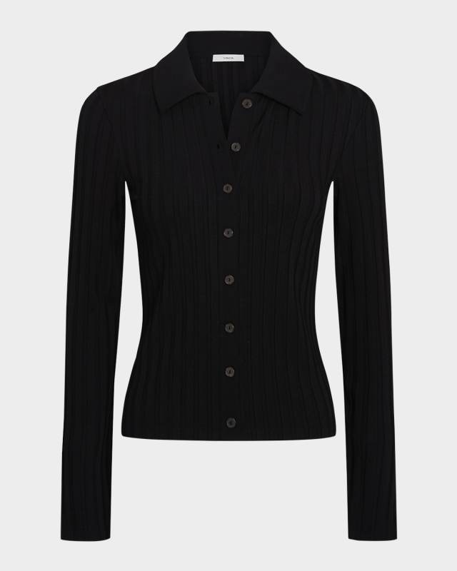 Long-Sleeve Ribbed Button-Front Top